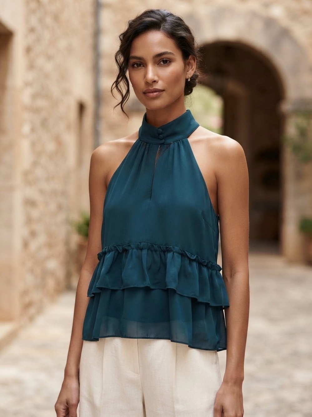 cinq a sept Teal Halter Ruffle Blouse